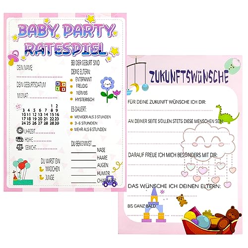 Babyparty Spiele,(50 Karten - beidseitig bedruckt) Deutsch,Ratespiel für die Babyparty,Babyparty Tippkarten,Babyparty Karten zum ausfüllen,Babyshower Spiele für Junge und Mädchen von Leeelyan