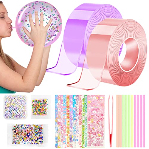 Leeelyan Bubble Tape DIY 28 Stück, Traceless Adhesive Tape zur Herstellung von Blasen, mit Perlen, Glitzerpailletten und Strohhalme, Blowing Bubble Tape, Bubble DIY Craft Kit (Pink purple) von Leeelyan