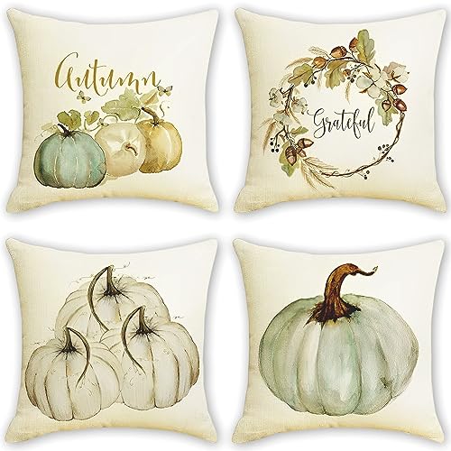 Leeelyan Herbst-Kissenbezug, 4 Stück, 45 x 45 cm, Ahornblatt, Kürbis, Kissenbezug, Leinen-Kissenbezug, Erntedankfest, Herbst von Leeelyan