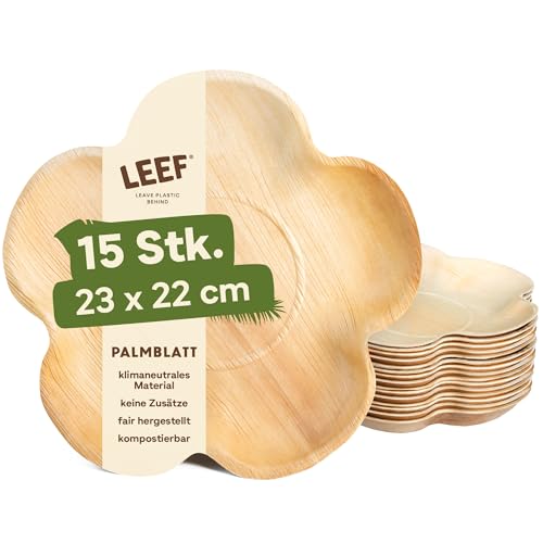 Leef 15x Palmblatt Teller Blume - Deko und Snack Schale Einweggeschirr kompostierbar und naturbelassen - 23 x 22 x 2.5 cm - umweltfreundlich von Leef