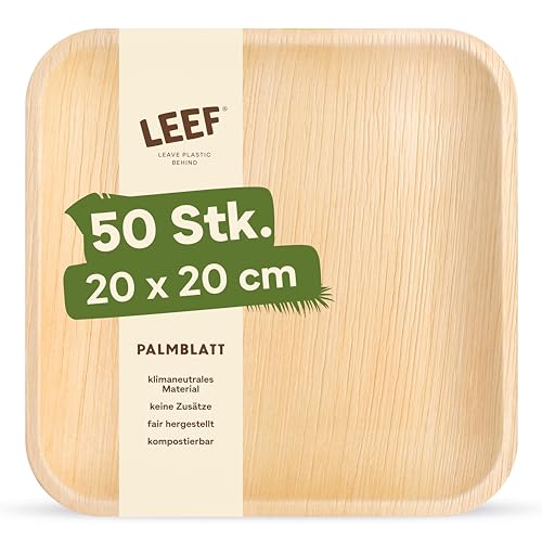 Leef 50x Palmblatt Teller eckig - Einweggeschirr kompostierbar und naturbelassen - 20 x 20 cm - umweltfreundlich - Geschirr Partygeschirr Einwegteller von Leef