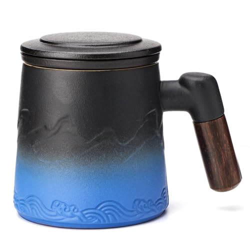 Leegg Teetasse mit Teesieb und Deckel 400ml Keramik Teebecher (Schwarz und Blau) von Leegg