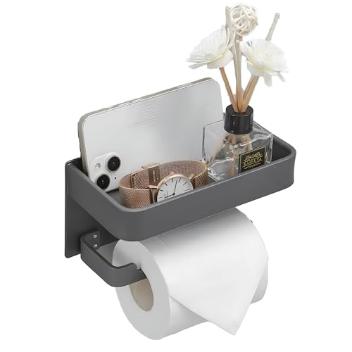 Leekayer Badezimmer-Papierhalter mit Ablage, schwarze Oberfläche, Eckaufbewahrung, selbstklebend, kleiner Gadget-Halter, Aluminium von Leekayer