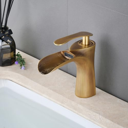 Leekayer Waschbecken im Badezimmer,Antike Messingfarbe,Wasserfall Wasserhahn,Wasserhahn Klein,1 Loch Eingriff,Heißes und Kaltes Wasser Mischen,LK1004SG von Leekayer