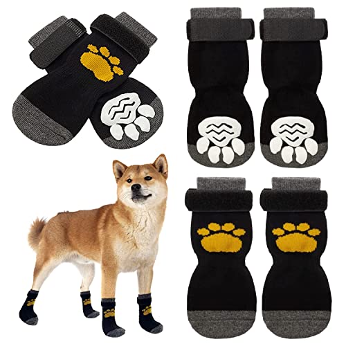 Leeko Socken für Hunde, 3 Paar Verstellbare Indoor Anti-Rutsch Hundesocken Pfotenschutz Haftsocken, Pfotenschutz und Traktion Dank Gummiverstärkung Gel für Hund und Katzen, Schwarz (S) von Leeko