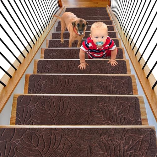 Leeko Stufenmatten, Treppenteppich für Innen Selbstklebend Anti Rutsch Treppenmatten im 15er Set Oder Einzeln (Braun) von Leeko
