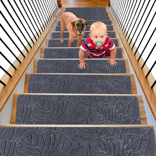 Leeko Stufenmatten, Treppenteppich für Innen Selbstklebend Anti Rutsch Treppenmatten im 15er Set Oder Einzeln (Grau) von Leeko