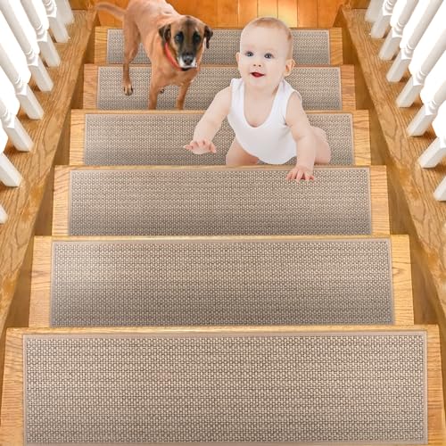 Leeko Stufenmatten, Treppenteppich für Innen Selbstklebend Anti Rutsch Treppenmatten im 15er Set Oder Einzeln (Hellbraun) von Leeko