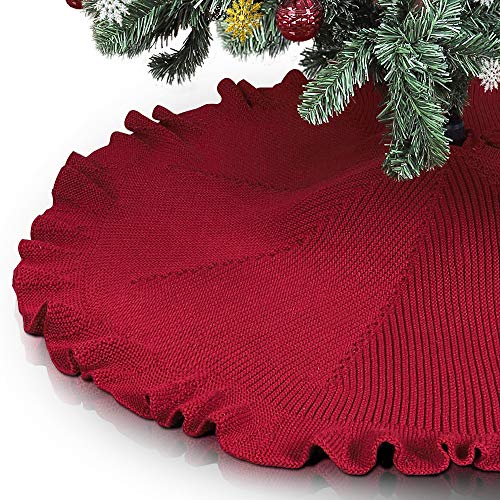 Leeko Weihnachtsbaumdecken, Weihnachtsbaum Gestrickter Rock Dekoration, Schutz vor Tannennadeln Weihnachtsbaumdecke Rund für Weihnachten (Rot 2) von Leeko