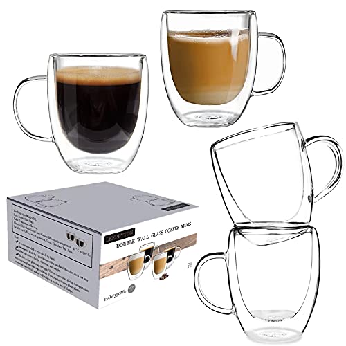 Doppelwandige Design-Glastassen mit Griff für Tee und Kaffee, isolierte Gläser, hitzebeständiger Thermobecher für Cappuccino, Latte, Teegetränke (Set mit 4 Stück à 350 ml) von Leeppyton