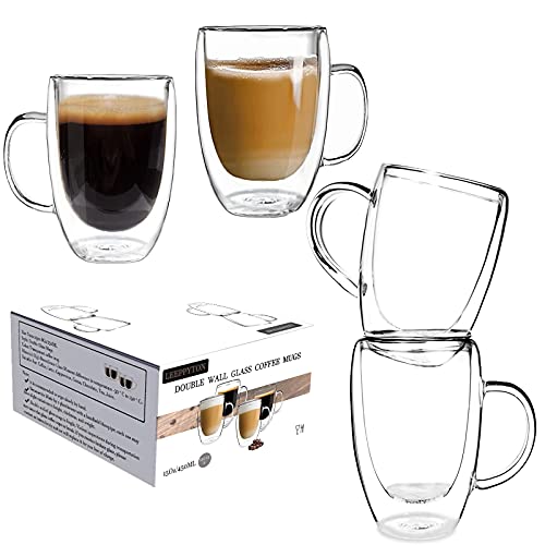 Doppelwandige Design-Glastassen mit Griff für Tee und Kaffee, isolierte Gläser, hitzebeständiger Thermobecher für Cappuccino, Latte, Teegetränke (Set mit 4 Stück à 450 ml) von Leeppyton