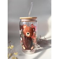 Doppelseitiges Motiv | Trinkglas Mit Deckel Und Strohhalm Klar, Milchglas 16Oz 500Ml Bärenfamilie Glasbecher, Geschenk Geburtstag von LeeraCrafts