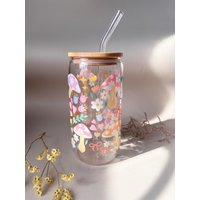 Doppelseitiges Motiv | Trinkglas Mit Deckel Und Strohhalm Klar, Milchglas 16Oz 500Ml Bunter Pilz Glasbecher, Geschenk Herbst von LeeraCrafts