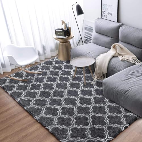 Leesentec Hochflor Teppich Wohnzimmerteppich Langflor - Flauschig Teppiche für Wohnzimmer und Schlafzimmer - Modern Design Shaggy Teppich (Schwarz, 135 x 185 cm) von Leesentec