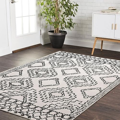 Leesentec Teppich Teppiche Wohnzimmer Teppiche Abstrakte Teppich Marokko Großer Teppiche Kurzfloriger Teppich für Wohnzimmer,Schlafzimmer,Esszimmer Anti-Rutsch-Rugs (Elfenbein/Schwarz, 120 * 160cm) von Leesentec