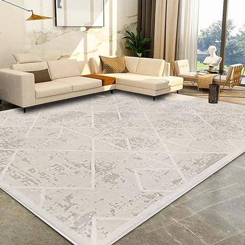 Leesentec Teppich Wohnzimmer Teppich Schlafzimmer Geometrische Teppich Moderner Abstrakter Teppiche Anti-Rutsch-Teppich Kurzfloriger Weicher Teppich Große Teppiche (Elfenbeinweiß,200 * 250cm) von Leesentec