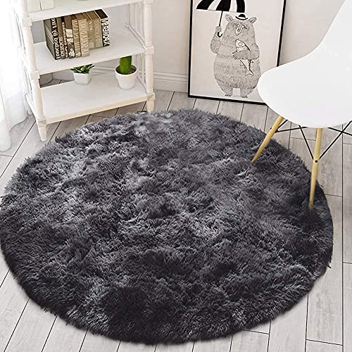 Leesentec Teppiche Runde Schlafzimmer Teppiche Wohnzimmer Anti-Rutsch-Weich Flauschiger Teppich Zottelige Fußmatten Groß für Flur (schwarz/grau, 160cm) von Leesentec