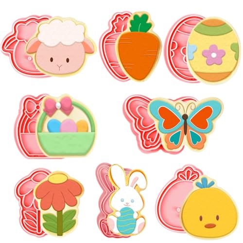 Leesgel Ostern Ausstechformen, 8 Stück 3D Pressbare Gebäck Ausstecher Formen mit Ostereiern Kaninchenkorb Blume Schmetterling Karotte für Osterdekoration Backen Kuchenzubehör von Leesgel