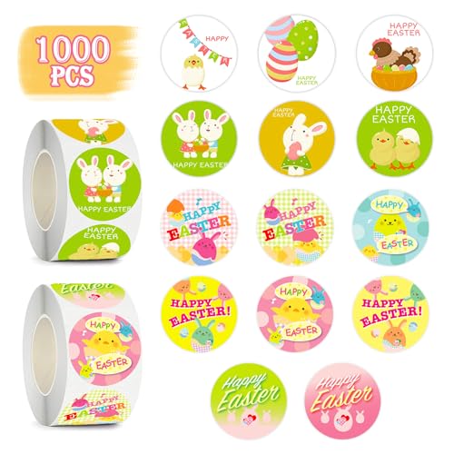 Leesgel Sticker Kinder 1000 Stück Ostern aufkleber Rolle, 14 Designs Bunny Küken Runde Frohe Ostern Aufkleber, Ostern Dekoration Sticker für Umschlag Tasche Geschenkverpackungen Dekorationen Party von Leesgel