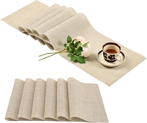 Leetaltree Beige Tischläufer und Platzsets 7er Set, Hitzebeständige rutschfeste Tischsets für Esstisch, Abwaschbar Langlebig PVC Vinyl Gewebt Tischläufer Set von Leetaltree