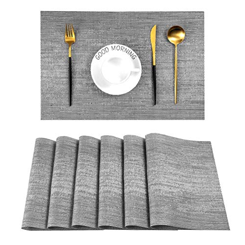 Leetaltree Graue Tischsets, hitzebeständige rutschfeste Tischsets für Esstisch, waschbare langlebige PVC-Vinyl-gewebte Tischmatten (6er Set) von Leetaltree