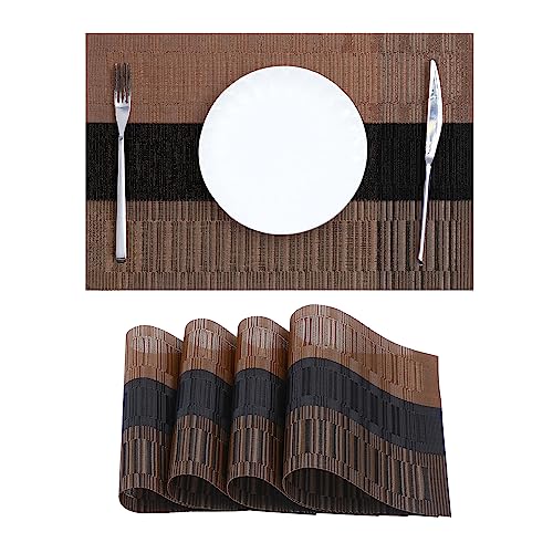 Leetaltree Tischsets Braun mit schwarz gestreiften 4er-Set – hitzebeständige, rutschfeste Tischsets für Esstisch, waschbar, langlebig, PVC-Vinyl gewebte Tischmatten (braun gestreift, 4) von Leetaltree