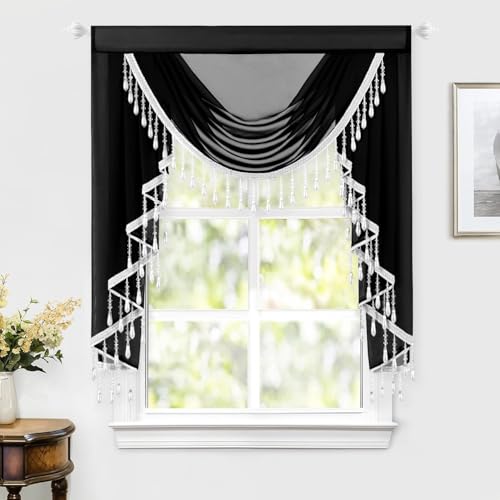 Leeva Schwarzer Wasserfall-Volant, Vintage-Perlenquasten-Vorhang mit Stangentasche, lichtfilternde Voile-Vorhänge für Schlafzimmer, Wohnzimmer, Fenster, 1 Panel, 109 x 99 cm Leeva Schwarzer Wasserfall-Volant, Vintage-Perlenquasten-Vorhang mit Stangentasche, lichtfilternde Voile-Vorhänge für Schlafzimmer, Wohnzimmer, Fenster, 1 Panel, 109 x 99 cm von Leeva