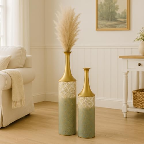 Leewadee 2er Set große Bodenvasen aus Metall – Moderne hohe Vasen in Gold Weiß (66/59 cm) – Stilvolle Deko für den Wohnbereich von Leewadee