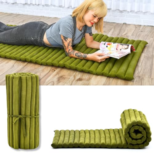 Leewadee Faltbare Bodenmatratze - Japanischer Rollbarer Futon - Tatami Faltmatte - Gästebett - Camping Matratze - Thai Massage Matte, Kapok Füllung, Grün Leewadee Faltbare Bodenmatratze - Japanischer Rollbarer Futon - Tatami Faltmatte - Gästebett - Camping Matratze - Thai Massage Matte, Kapok Füllung, Grün von Leewadee