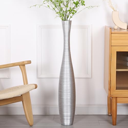 Leewadee Große Bodenvase Für Pampasgras Und Blumen, 90 cm hoch, Silber, Resin von Leewadee