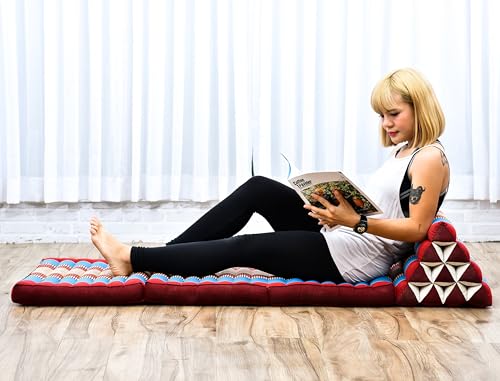 Leewadee - Bequeme Japanische Bodenmatratze - Thai Bodenliege mit Dreieckskissen - Futon Klappmatte - Thai Massagematte, 170 x 53 cm, Blau Rot von Leewadee