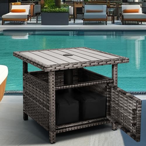 Beistelltisch für den Außenbereich, Terrasse, mit Schirmloch, kleiner grauer Korbschirmständer mit 2 Gewichtssäcken, Beistelltisch zur Aufbewahrung im Freien, Couchtisch mit Polyholzplatte für Pool von LeewooJardin