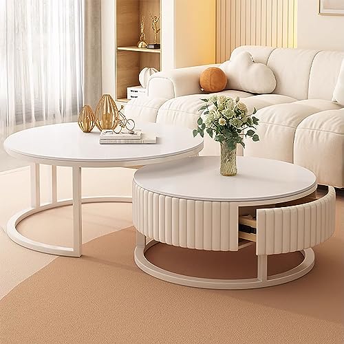 Runder Couchtisch Weiss 80cm 2er Set Couchtisch Mit Stauraum Moderner Stil Sofatisch Rund Kaffeetisch Wohnzimmer Klein Einfache Aufbau Couchtisch Für Schlafzimmer Wohnzimmer ( Size : 70cm/27.5" ) von LefeDa