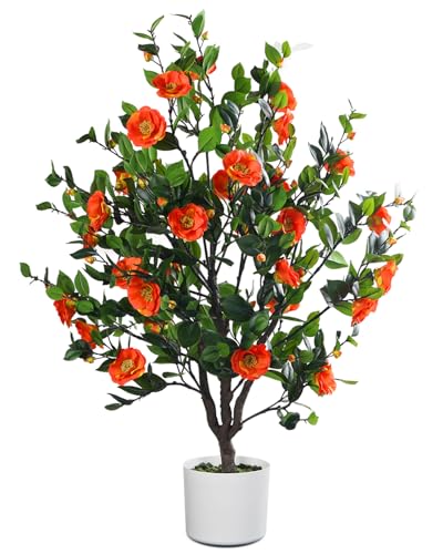 Leflos 120cm künstlicher Blumenbaum, realistischer Orange Kamelienblütenbaum, Florale Blumenpflanze in weißen Topf für Home Indoor Deko von Leflos
