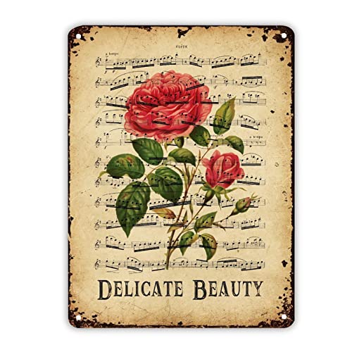 LeforYCL Delicate Beauty Blechschild Vintage Musikblatt Rose Blume Blechschild Aluminiumschild Vintage botanisches Kunstwerk Plakette Metallschild Metallschild für Party Abschlussfeier Geburtstag von LeforYCL