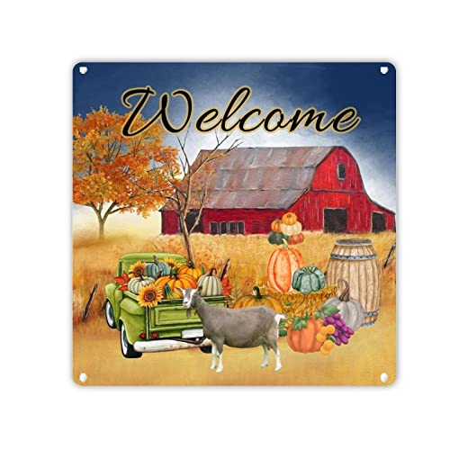 LeforYCL Welcome Farm Ziege Scheune Blechschild Herbst Kürbis Grün LKW Metall Blechschild Vintage Herbst Ernte Garage Schilder Metall Aluminium Schild für Zuhause, Bar, Diner Pub Restaurants 30,5 x von LeforYCL