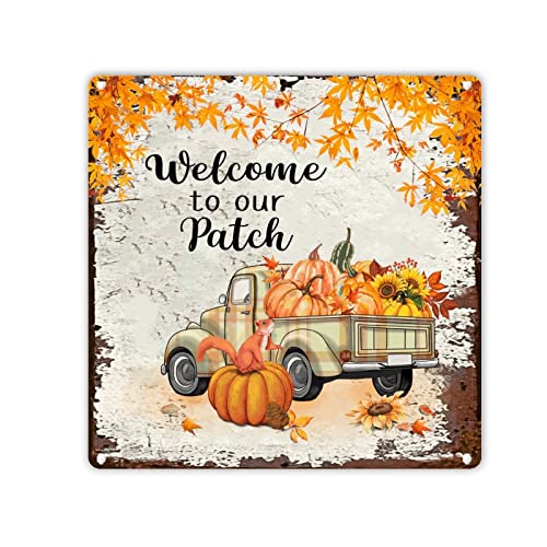 LeforYCL Welcome to Our Patch Plaid Truck Metallschild Zwerg Kürbis Sonnenblume Ahornblätter Wand Blechschild Rustikale Bauernhof Ernte Plakette Metallschild Metallposter Design für Eingangsstraßen von LeforYCL