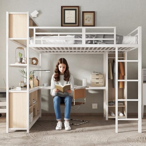 Left Girl Kinder Etagenbett aus Metall mit integriertem Kleiderschrank & Stauraum, mit Eingebauter Schreibtisch 140x200cm - Platzsparendes Hochbett für kleine Zimmer Etagenbettgestell von Left Girl