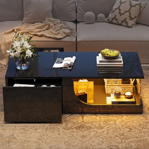 Left Girl LED mit Couchtisch,Sofatisch mit 2 Schubladen,Hochglanz Wohnzimmer Beistelltisch,Wohnzimmertisch,100 * 50 * 30cm kaffeetisch Tragender Tisch aus gehärtetem Glas (Black) von Left Girl