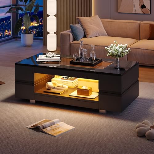 Left Girl LED mit Couchtisch,Sofatisch mit 2 Schubladen,Hochglanz Wohnzimmer Beistelltisch,Wohnzimmertisch,100 * 50 * 30cm kaffeetisch Tragender Tisch aus gehärtetem Glas (black1) von Left Girl