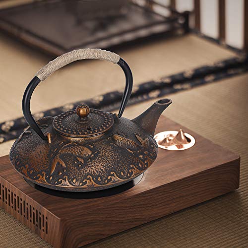 Gusseisen Teekessel, 0,9 l Retro Eisen Eleganter Wasserkocher Haushaltsgriff Wasser Teekanne Sammlung mit Deckel (Gold) von Leftwei