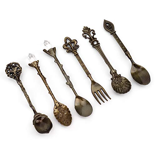 Vintage Geschnitzter Kaffeelöffel, 6 Teile/Set Teelöffel Retro Zinklegierung Dessert Kaffeegeschirr Löffel Besteck Küche (Grüne Bronze (Liebesgabelgriff)) von Leftwei