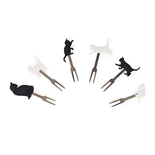 Legami PICK0001 Set mit 6 Aperitifgabeln, wiederverwendbar, langlebig, geeignet für Fingerfood, 3,4 x 9 cm, Motiv: Cats, Silikon Edelstahl von LEGAMI