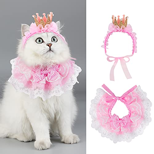 Legendog Katze Bandana für Katzen, Prinzessin Katze Kostüme für Katzen, Niedliche Spitze Hund Halstücher und Katze Krone Zubehör für Katzen Kleine Hunde, Rosa Outfit für Geburtstagsparty (B-Pink) von Legendog