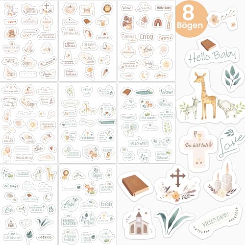 Legezon 128 Aufkleber für Gästebuch & Fotoalbum – Hochwertige Sticker für Taufe, Kommunion, Konfirmation – Personalisierte Deko für Mädchen & Jungen – 8 Bögen mit liebevollen Textmotiven von Legezon