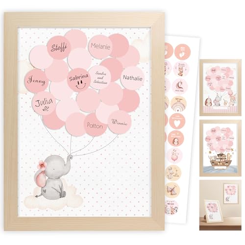 Babyparty Gästebuch, Taufgeschenke Gästebuch Geburtstag, Baby Shower Deko, Babyparty Gender Reveal Party, Welcome Home Baby, Meine Taufe Mädchen, Elefanten Gästebild, Holzfarbe Bilderrahmen (Rosa) von Legezon