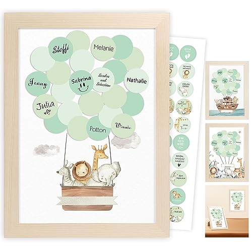 Babyparty Gästebuch,Gästebuch Geburtstag,Neugeborenen Geschenk für Mama,Welcome Home Baby,Happy Birthday Deko,Meine Taufe, Taufgeschenke Mädchen Junge, Heißluftballon Gästebild, Holzfarbe Bilderrahmen von Legezon