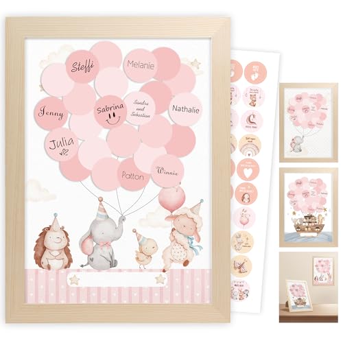 Gästebuch Babyparty, Taufe Geschenk Junge Mädchen, Babyparty Deko, Taufdeko Tischdeko Baby Shower Deko Boy Girl, Willkommen Zuhause Baby, Gästebild Waldtiere mit Holzfarbe Holzrahmen, Aufkleber (Rosa) von Legezon