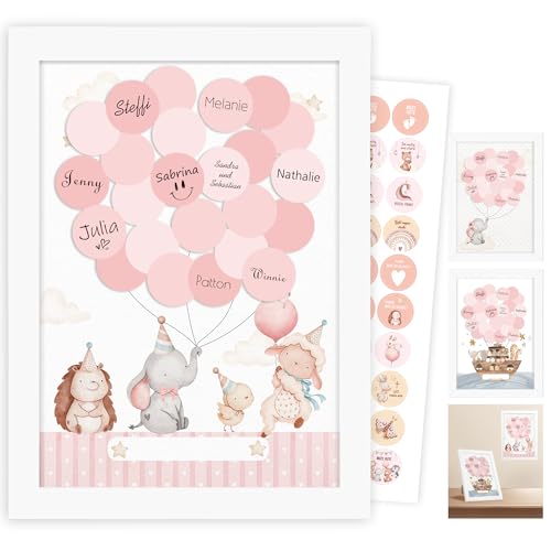Gästebuch Babyparty, Taufgeschenke Mädchen Patenkind Jungen, Baby Shower Deko Babyparty Taufdeko, Geburtstagsdeko,Gästebuch Taufe, Waldtiere Geburtstag Deko mit Weißer Bilderrahmen Sticker (Rosa) von Legezon