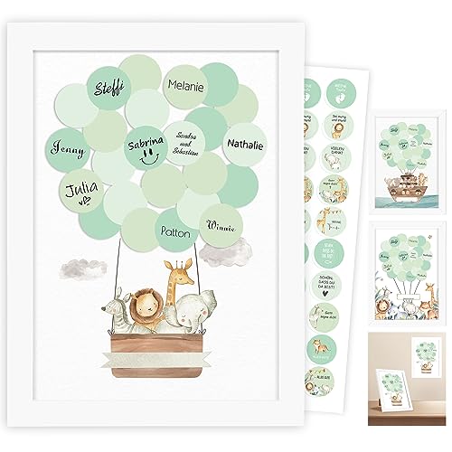Gästebuch Taufe, Babyparty Gästebuch, Baby Shower Deko, Geschenk Mädchen, Baby Taufbuch Junge Mädchen, Tischdeko Taufe Junge, Traum-Heißluftballon Gästebild, Hochwertiger Weißem Holzrahmen, Aufklebe von Legezon
